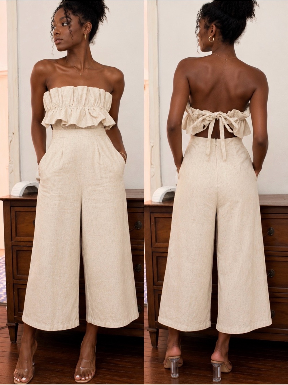 Saints + Secrets 100% Linen Off Shoulder Leg Romper Cottagecore